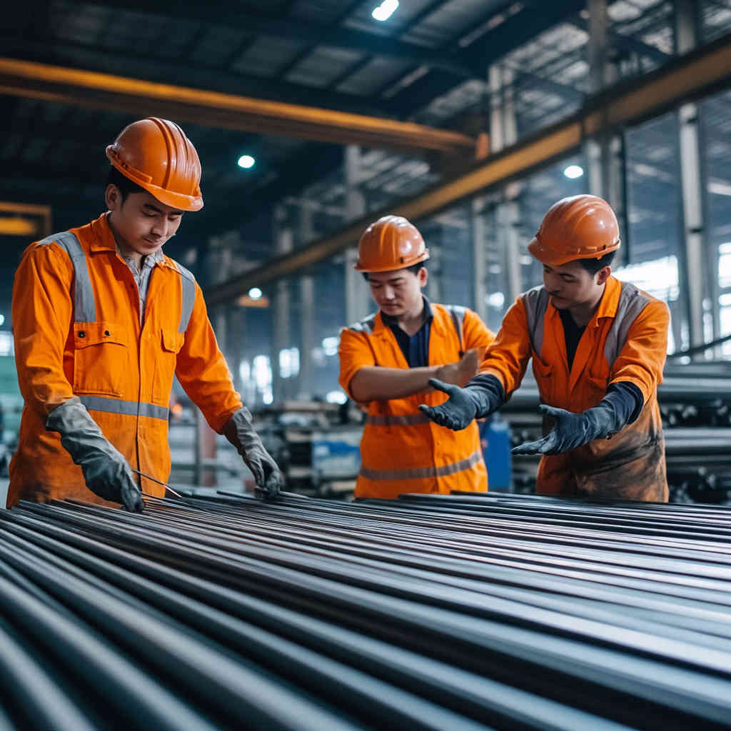 Professional team inspecting galvanized steel bars