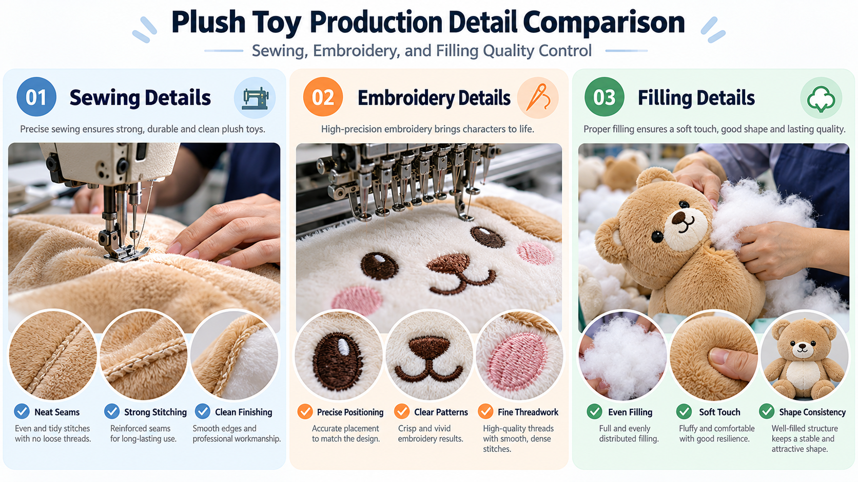 Comparaci&oacute;n de la calidad de fabricaci&oacute;n de juguetes de peluche personalizados que muestra detalles de costura, bordados precisos e incluso relleno de poli&eacute;ster para una calidad constante de los juguetes de peluche.