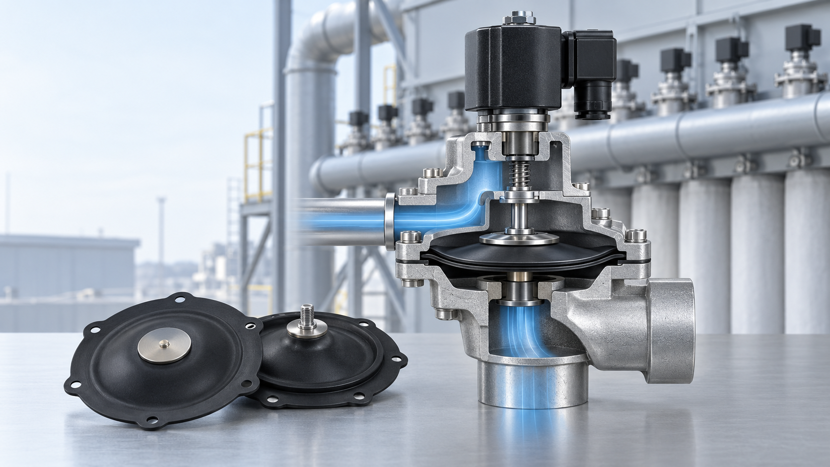 የ pulse valve diaphragms እና የተቆራረጠ የዲያፍራም ምት ቫልቭ እይታ